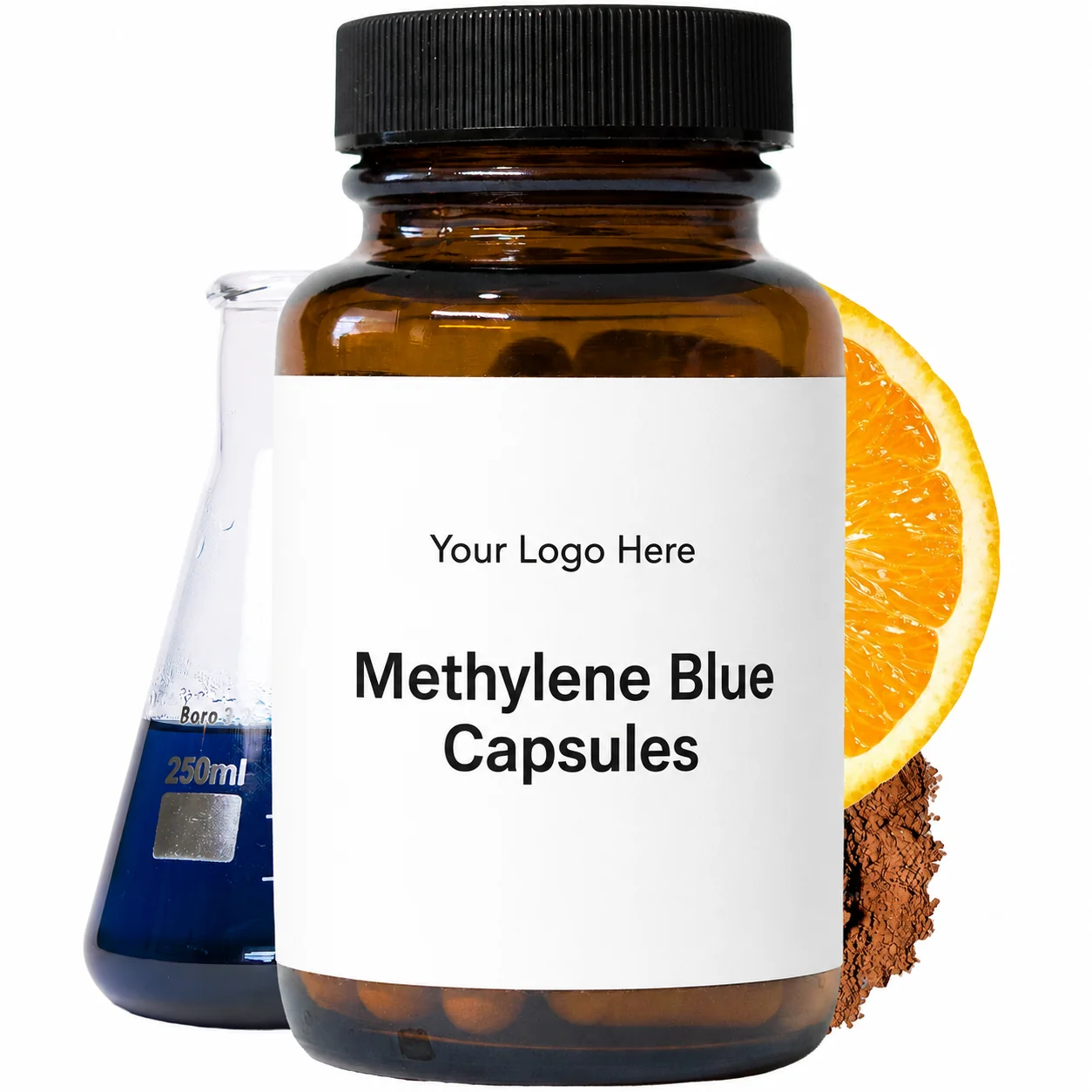 Blank-label Methylene Blue capsules bottle mockup, ready for your logo