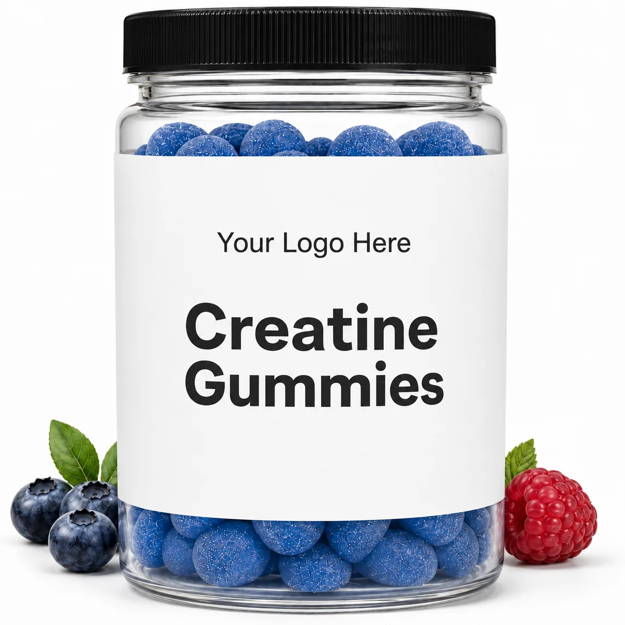 Blank-label creatine gummies jar mockup, ready for your logo