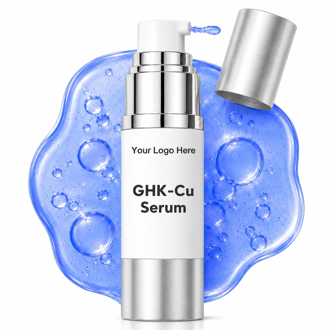 Blank-label GHK-Cu copper peptide serum bottle mockup, ready for your logo