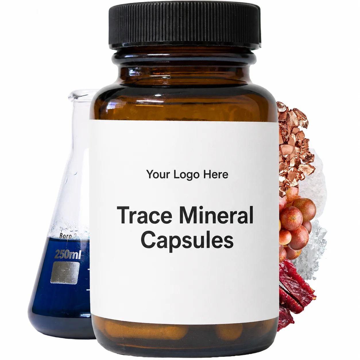 Blank-label trace mineral capsules bottle mockup, ready for your logo