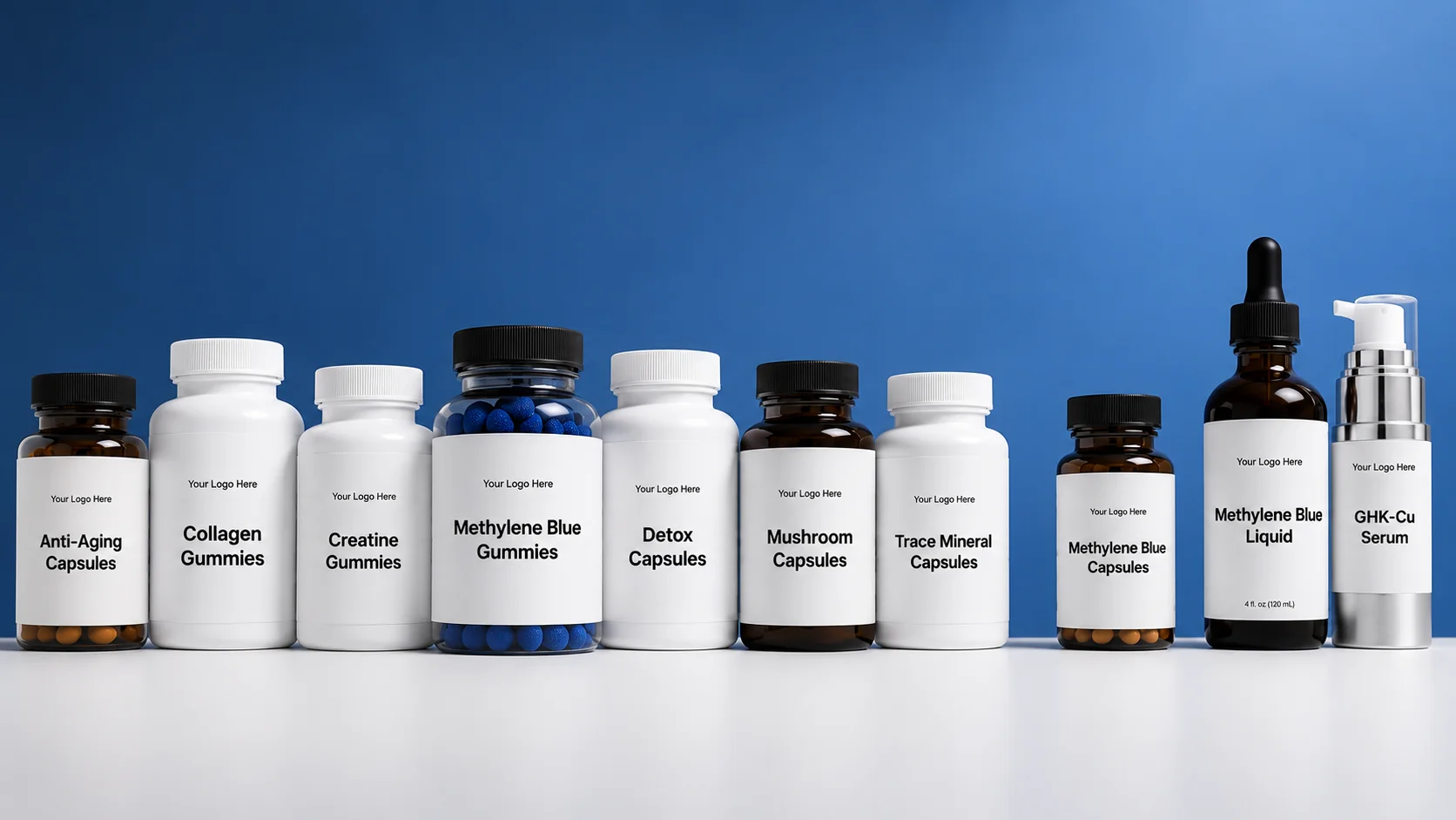 Lineup of blank white-label supplement bottles in assorted sizes