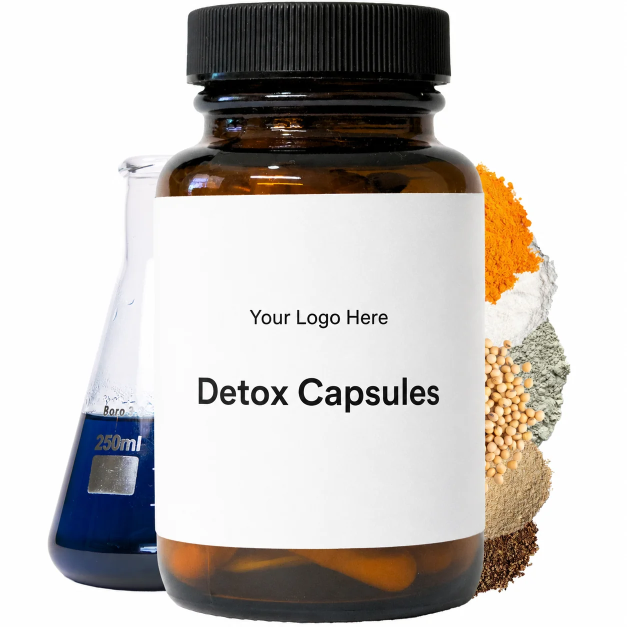 Blank-label detox capsules bottle mockup, ready for your logo