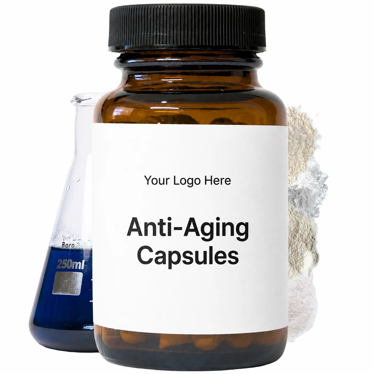 Blank-label anti-aging capsules bottle mockup, ready for your logo
