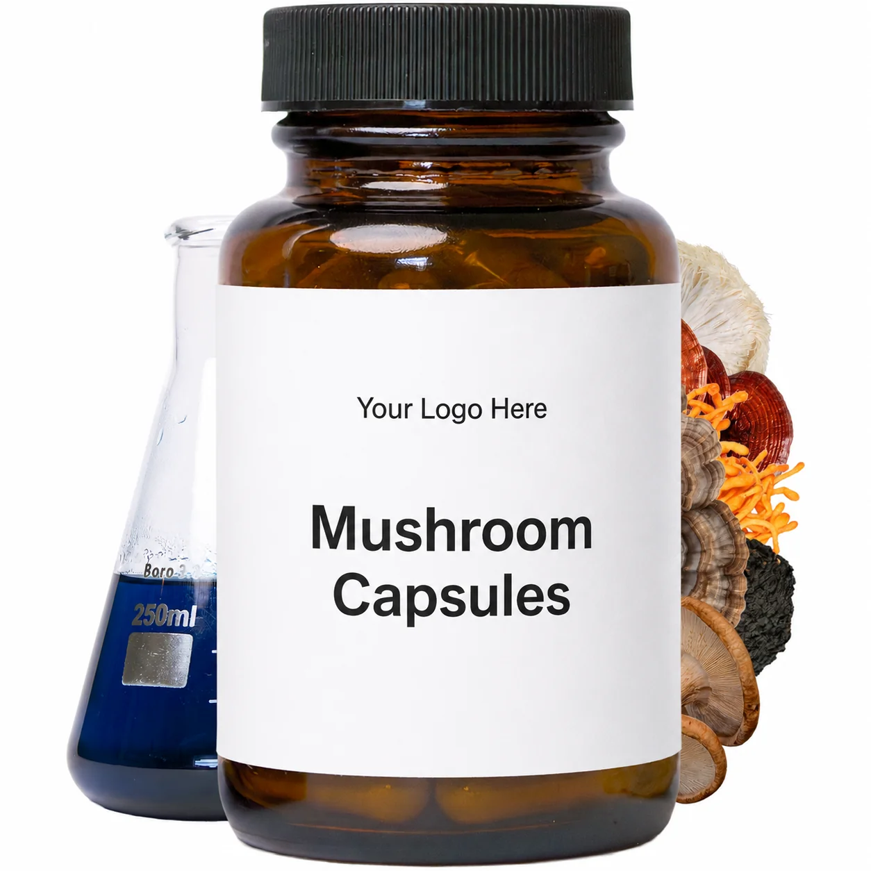 Blank-label mushroom capsules bottle mockup, ready for your logo