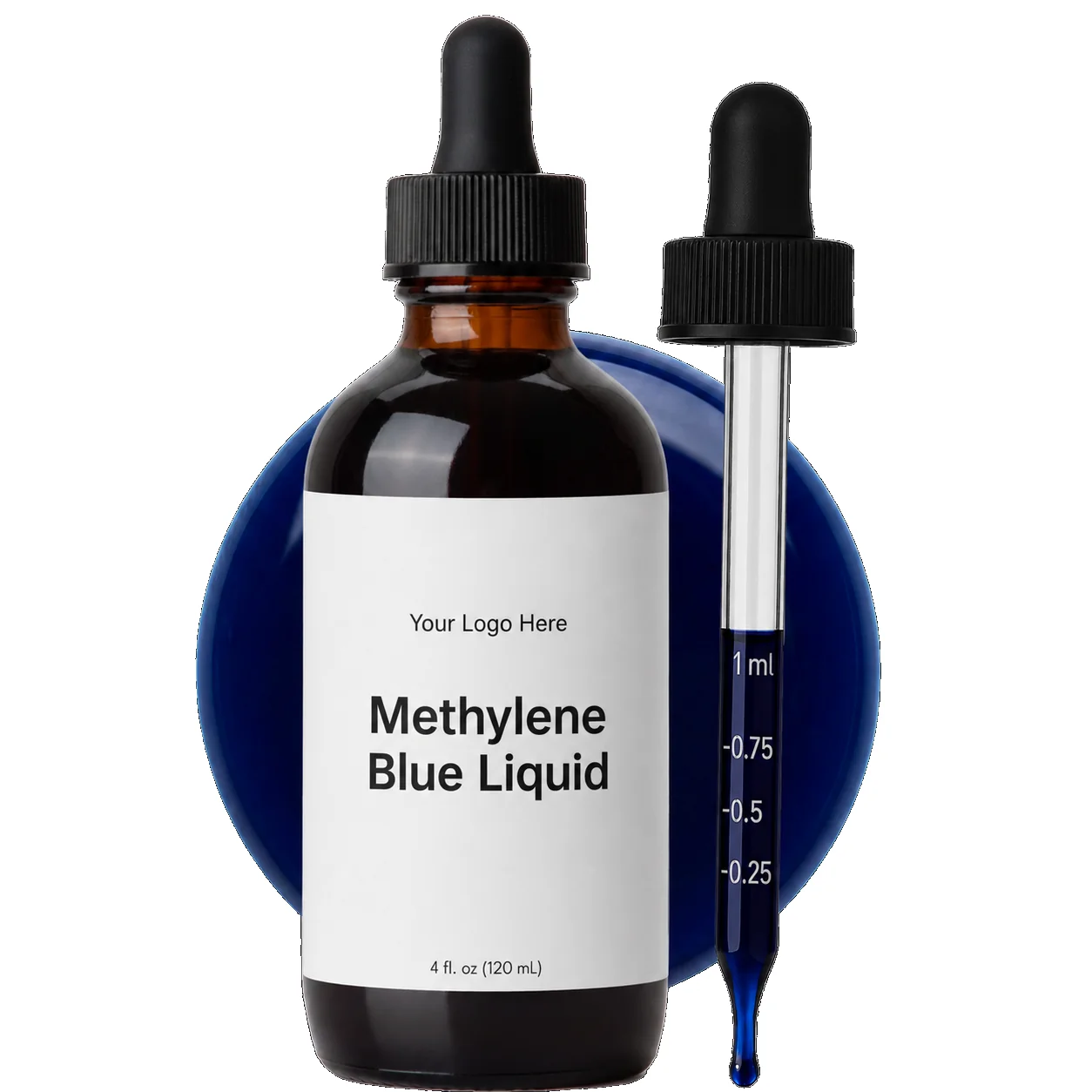 Blank-label Methylene Blue liquid dropper bottle mockup, ready for your logo